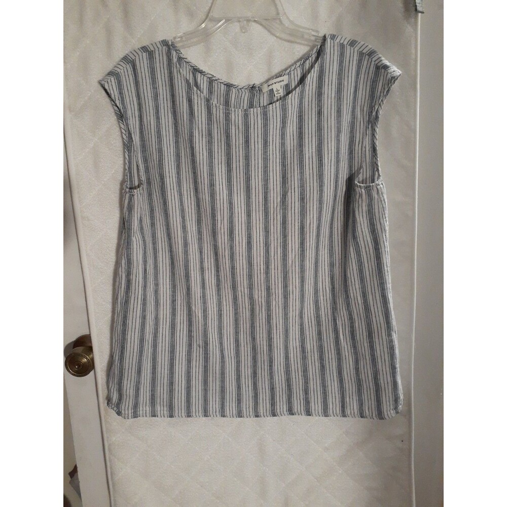 Max Studio Linen Cotton top women's L Blue White Striped Shirt Blouse SUMMER